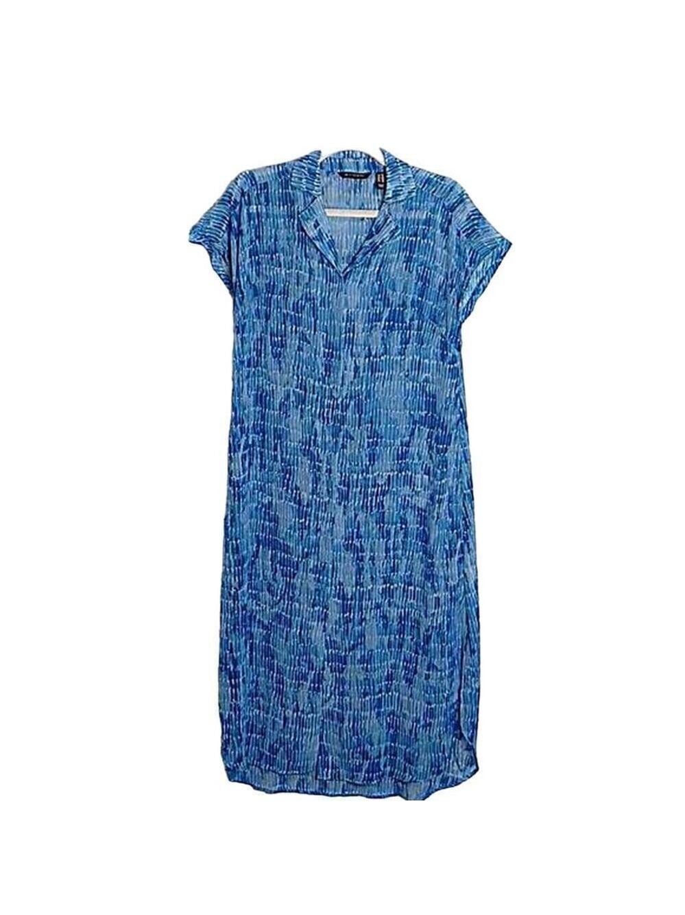 H by Halston Cloudy Day Button Front Shirtdress Blue Print Semi-sheer Size XXS